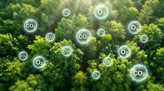 Co2 and o2 molecules floating over lush green forest