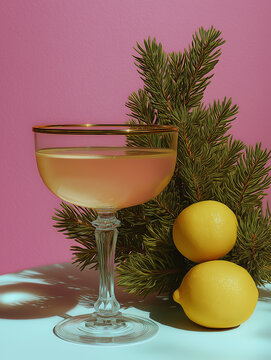 Cream-colored coupe drink stands with evergreen sprigs and two whole lemons against pink. Perfect for holiday drinks, seasonal hospitality, and premium beverage campaigns.