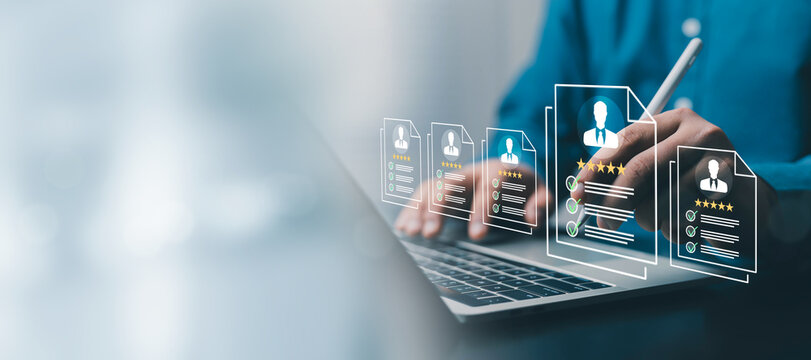 Digital recruitment concept showing candidate profiles, resumes, ratings and hiring decisions on a laptop, representing talent acquisition, employee selection, workforce management and HR technology.