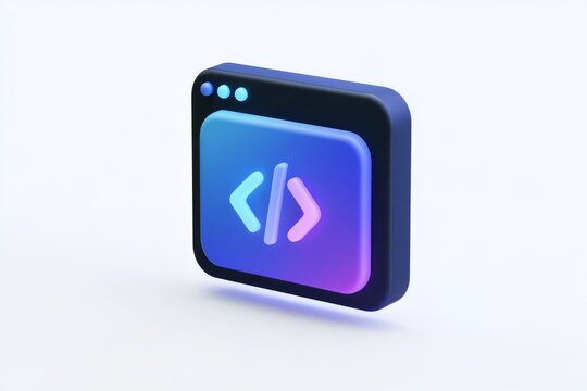 3D code window icon with glowing neon bracket lines isolated on white background. Premium glassmorphism style programming software AI development.