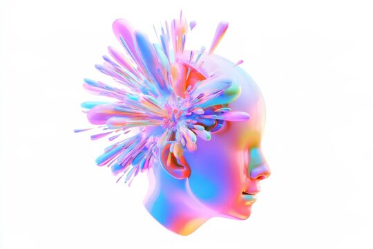 3D human head silhouette icon with a colorful crystal explosion isolated on white background. Premium glassmorphism AI creativity concept.