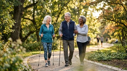 Fototapeta premium Active senior friends enjoying a walk and conversation in a sunny park