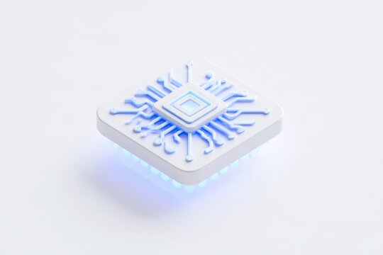 3D black microchip processor icon with glowing blue neon circuits isolated on white background. Matte claymorphism CPU hardware tech asset.