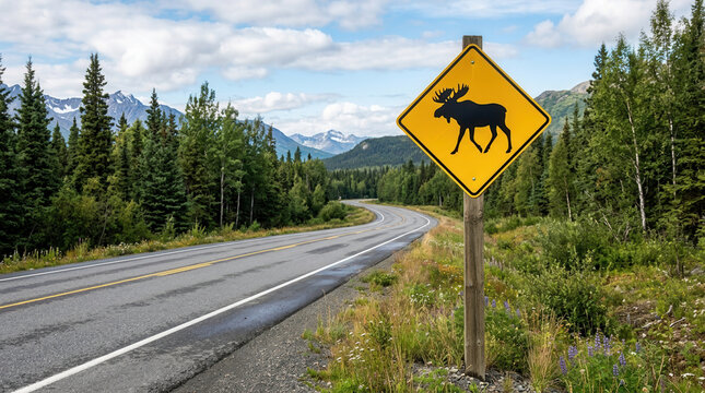 Yellow Moose Crossing Road Sign In Alaskan Wilderness Landscape