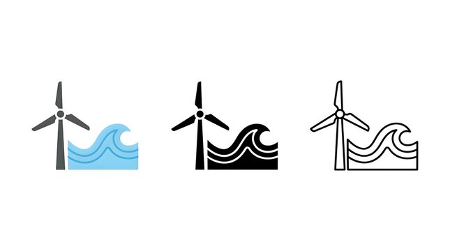Three different icon styles depicting renewable wind and wave energy sources
