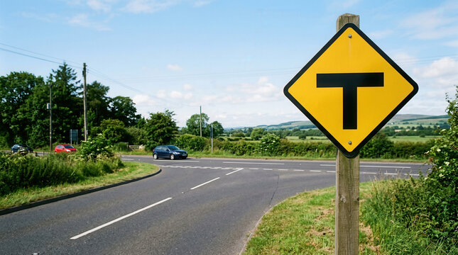 Yellow T-Junction Warning Sign Amidst Verdant Countryside Landscape