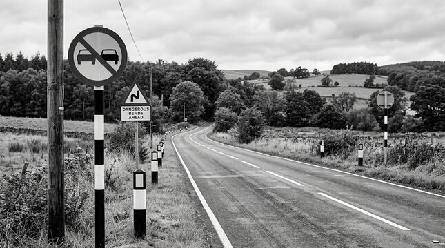 Winding Rural Road With Warning Signs and Verdant Hills
