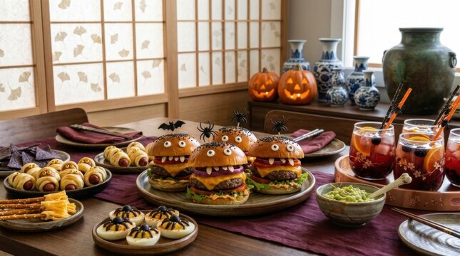 Spooky Halloween Feast: A festive table laden with Halloween-themed food and drinks, including spooky burgers, devilish eggs, and eerie cocktails, set for a night of frightful fun.