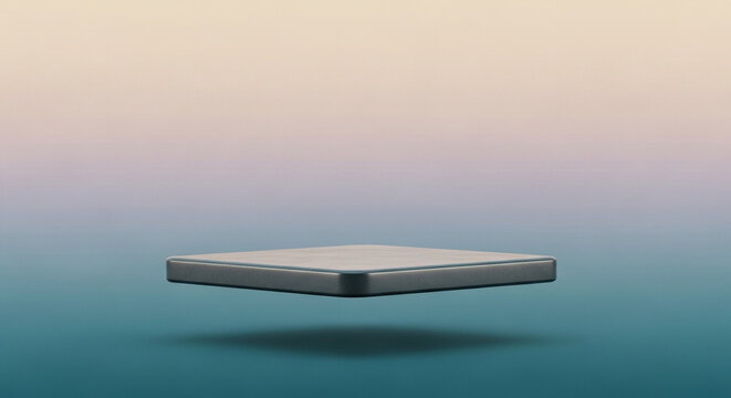A smooth rectangular metallic platform hovers gracefully above a dark turquoise surface casting soft shadows beneath while glowing warm beige tones illuminate the serene atmosphere from above
