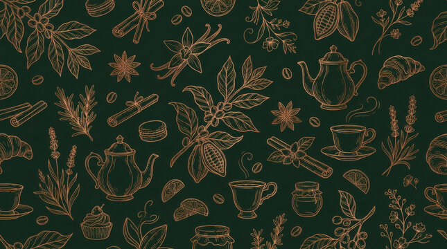 Seamless pattern with gold line art of teapots, cups, cinnamon, star anise, croissants, and botanicals on dark green background. Cozy tea and coffee vector illustration.