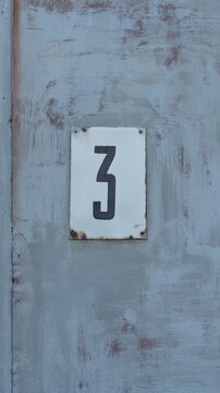 A white plate with the black number 3 mounted on a weathered grey painted metal gate. Close-up