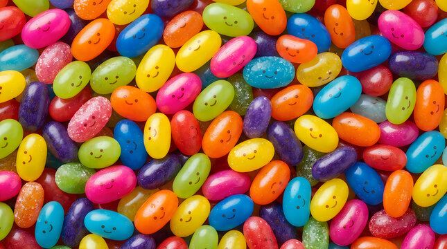 Many colorful jelly bean candies mixed together in a large pile for a sweet and sugary background