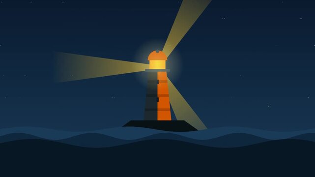 Minimalist Lighthouse Animation At Night Sea Motion Graphic With Rotating Searchlight Beams For Maritime Guidance And Nautical Safety Navigation