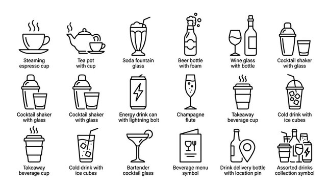 Thin Line Drinks Web Icons for Coffee Tea Soda Beer Wine Cocktail Energy and Beverage Services