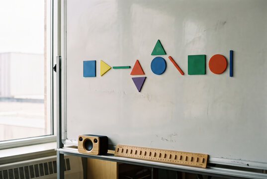 Shapes arranged on a whiteboard in a classroom setting during daylight hours