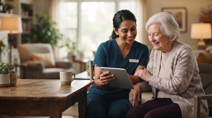 Fototapeta premium Caregiver and senior woman looking at tablet in cozy home living room