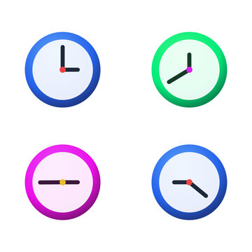 Set of four colorful clock icons with different times for time management concepts.