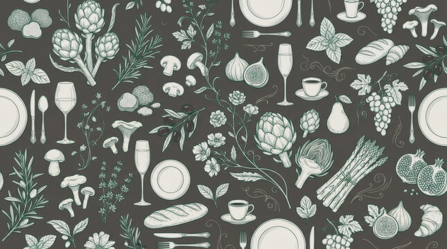 Rustic Seamless Pattern with Hand Drawn Culinary Icons Artichokes Leeks Grapes Wine Glasses Plates Cutlery Mushrooms and Herbs on Dark Charcoal Background