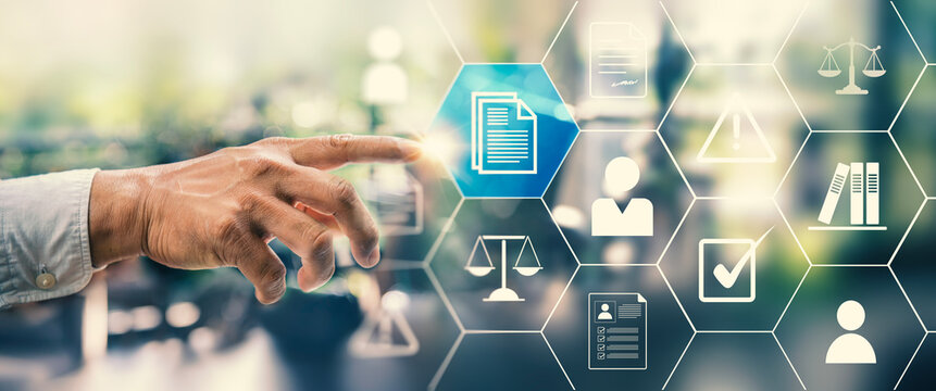 Corporate Regulatory Compliance and Legal Document Management Banner with Businessman Pointing to Hexagon Interface.