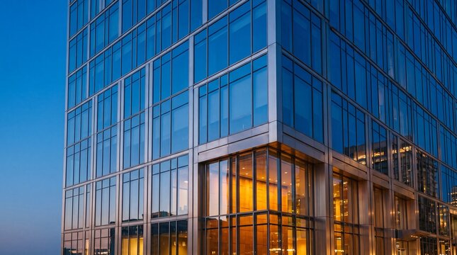 Modern Glass Office Building Exterior at Twilight