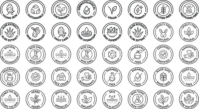 Cosmetic Product Certification Badge Line Icon Set Featuring Vegan Organic Cruelty Free and Paraben Free Symbols for Eco Friendly Packaging Graphic Designs