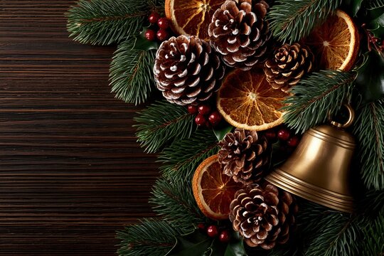 Christmas decoration flat lay with pine cones and golden bell
