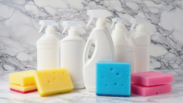 Cleaning Supplies Still Life: Sprayer Bottles, Sponges, and Soap for Home Care and Hygiene Product Photography.