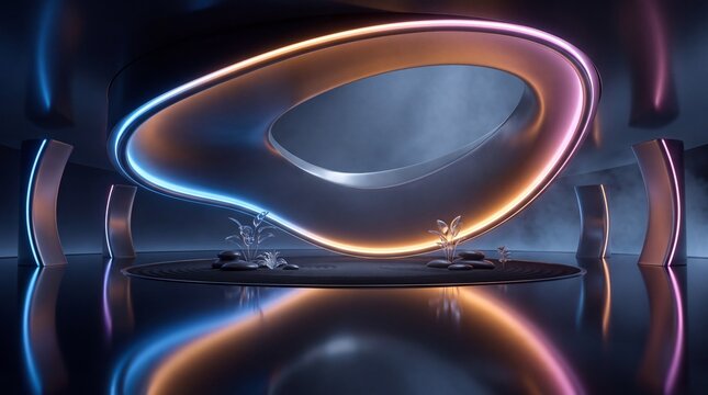 Futuristic Podium with Glowing Neon Portal for Product Display