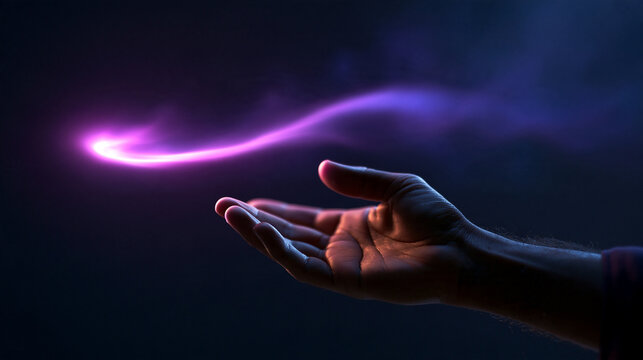 Hand with Glowing Purple Magical Light Energy