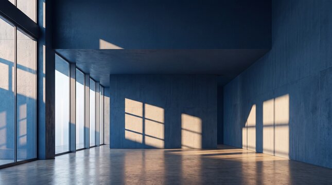 Empty Modern Concrete Interior with Sunlight Through Windows
