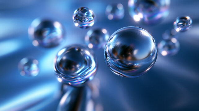Clear Water Droplets Floating Over Glossy Blue Background