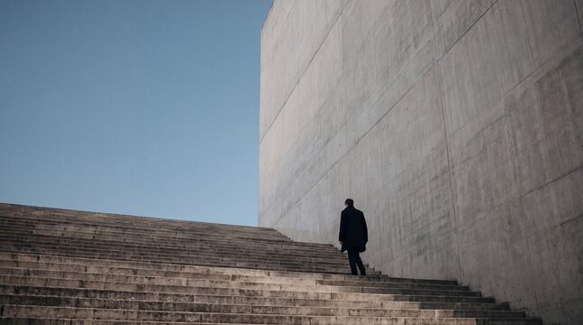 Businessman Walking up Concrete Stairs Beside Monumental Wall