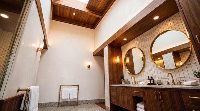 Modern Luxury Bathroom Interior with Double Vanity and Round Mirrors