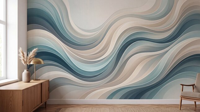 Modern Living Room Interior with Abstract Wavy Wallpaper Mural