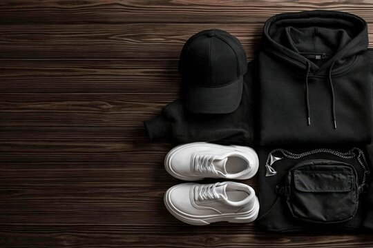 Black hoodie cap sneakers bag flat lay on dark wooden background