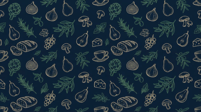 Seamless culinary pattern with hand-drawn figs, pears, mushrooms, artichokes, bread, cheese, and herbs on dark navy background. Rustic harvest food vector illustration.