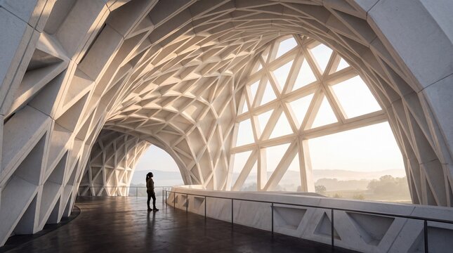 Modern Architectural Pavilion with Woman Looking at Morning View