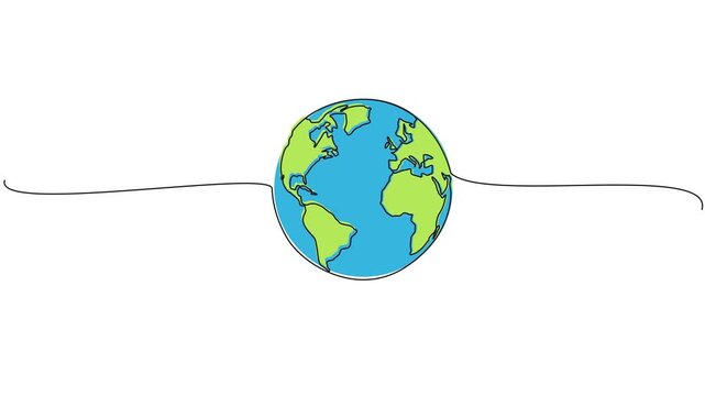 animated continuous line drawing of planet earth globe with green continents and blue oceans, line art animation