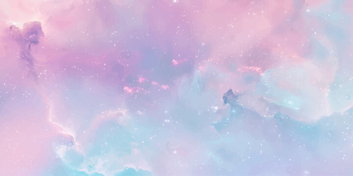 A dreamy, ethereal watercolor galaxy with soft pastel hues of pink, purple, and teal blends to create a tranquil, cosmic expanse, evoking a sense of wonder and peace.