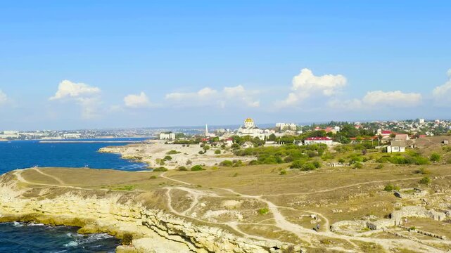 Sevastopol, Crimea. Vladimirsky Cathedral in Chersonesos. Chersonesus Tauric - founded by the ancient Greeks on the Heracles peninsula on the Crimean coast. Drone footage