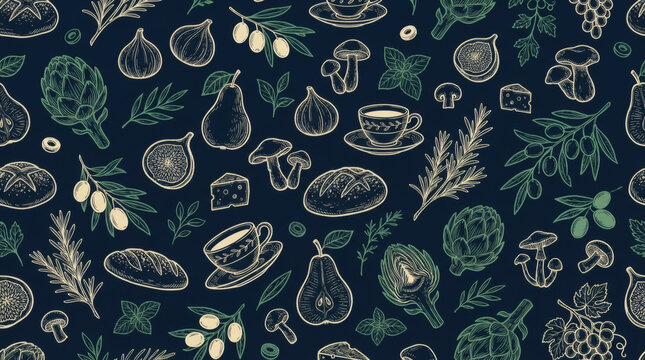 Seamless culinary pattern with hand-drawn figs, pears, mushrooms, artichokes, bread, cheese, and herbs on dark navy background. Rustic harvest food vector illustration.
