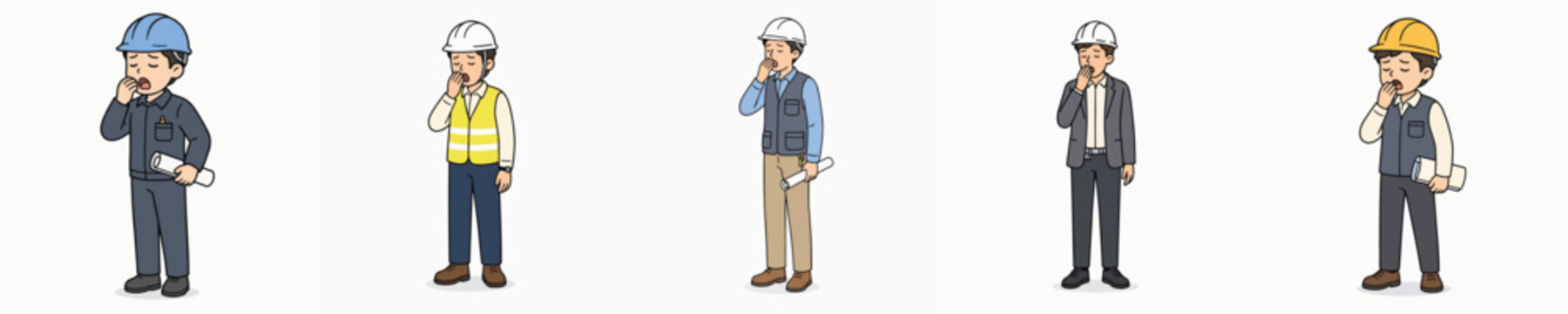 Set of vector illustrations of a male architect standing and yawning.