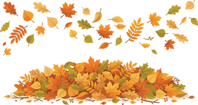 Autumn Foliage Clipart Set with Pile of Dry Fallen Leaves and Isolated Wind Blowing Maple Oak and Birch Leaf Elements for Fall Thanksgiving Designs