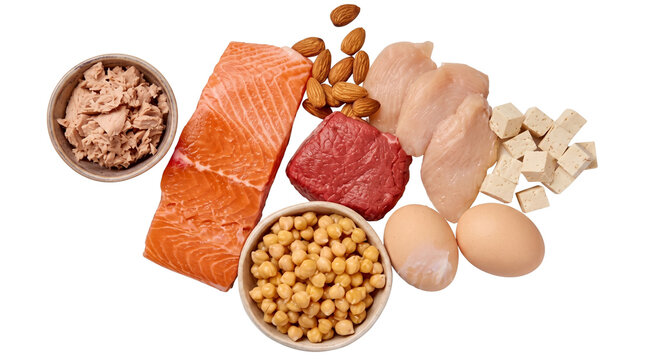 Protein rich food assortment featuring fresh salmon fillet raw chicken breast lean beef chunk boiled eggs chickpeas almonds tofu cubes and canned tuna.