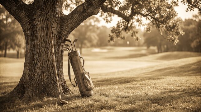 Vintage golf bag leaning against a large oak tree on a beautiful sunny golf course fairway