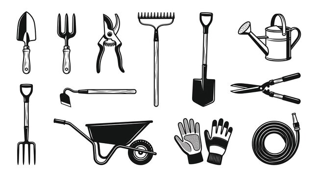 Minimalist black and white vector illustration set of essential gardening and farming tools including shovels, rakes, wheelbarrows, watering cans, pruners, gardening gloves, and landscaping equipment