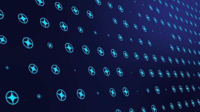 Abstract cyan circle star grid digital data technology background motion asset, glowing cyber network perspective grid animation, futuristic information Matrix pattern overlay on blue screen. 4k video