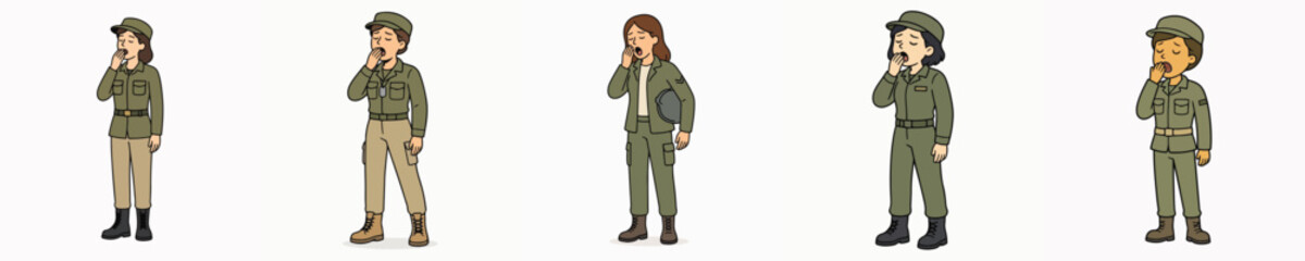 Obraz premium Set of female soldier vectors in standing and yawning poses.
