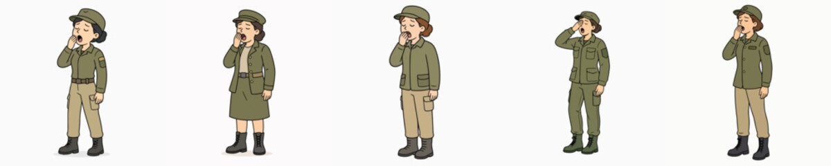 Obraz premium Set of female soldier vectors in standing and yawning poses.