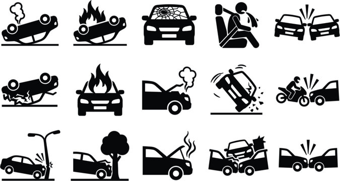 Car Accident and Road Crash Pictogram Icon Set Featuring Rollover, Fire Explosion, Frontal Collision, Whiplash Injury, and Vehicle Damage Silhouette Vectors